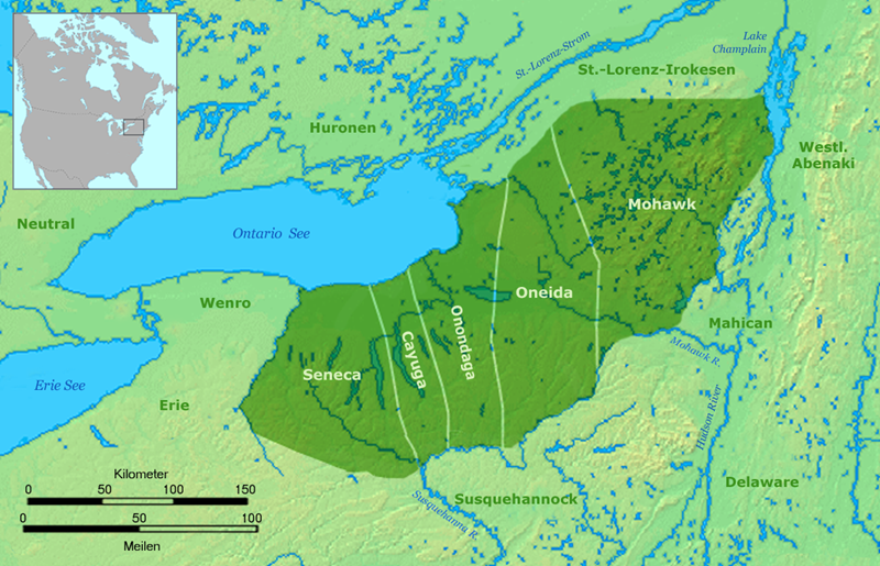 Die Seneca innerhalb der fünf Nationen der Irokesen, Stammesgebiet um 1650